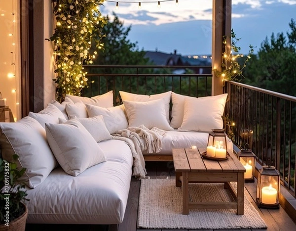 Fototapeta Cozy balcony seating area at dusk, lit by string lights