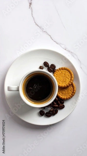 Fototapeta A white saucer holds a cup of espresso and crackers, surrounded by coffee beans