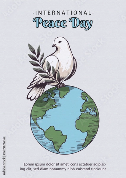 Fototapeta Poster concepts of International day of Peace in a wood cut printing and flat style, wording of event and example texts on light gray background.
