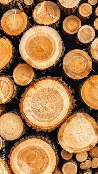 Fototapeta Close-up view of stacked tree trunks, showing circular cross-sections of light-brown wood
