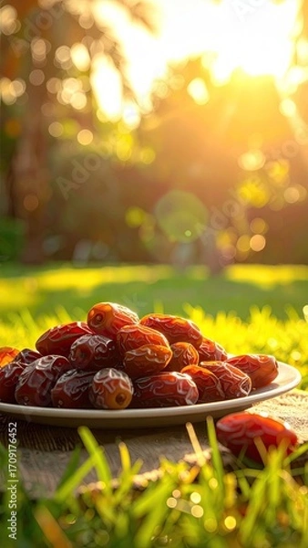 Fototapeta Dates on a plate, bathed in golden sunlight