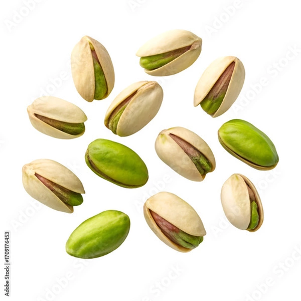 Fototapeta Scattered Pistachios with Shells and Green Kernels on Black nuts snack