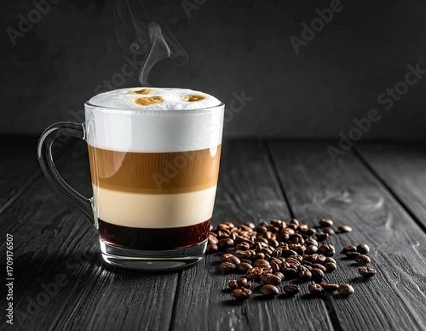 Fototapeta Glass mug of layered coffee drink with frothy top, steaming slightly, on a dark wooden table.  A scattering of coffee beans sits beside the mug
