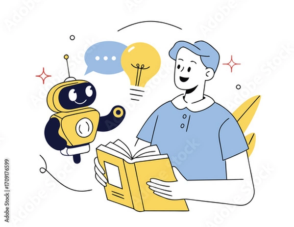 Fototapeta Student holding book and integrating with ai robot assistant for effective learning, studying. Education concept. Vector illustration. 

