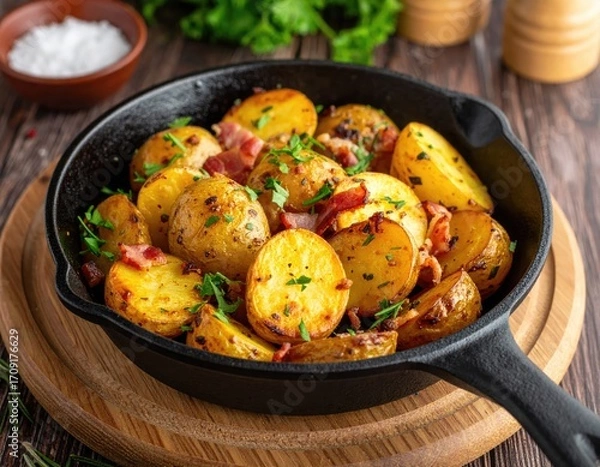 Fototapeta Crispy roasted potatoes with bacon in a cast iron skillet, garnished with fresh herbs