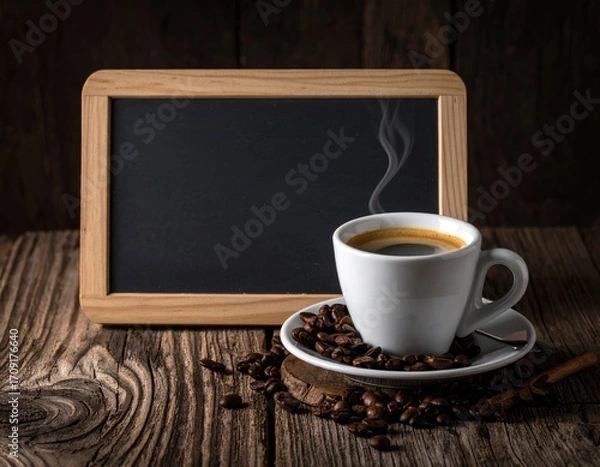 Fototapeta A cup of espresso rests on a rustic wooden table, beside a blank chalkboard.  Steam rises from the coffee. Coffee beans and a cinnamon stick are scattered around the cup