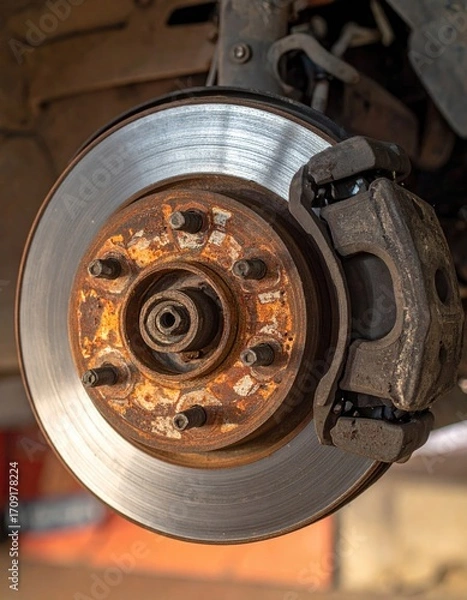Fototapeta Close-up of a rusty car brake rotor and caliper