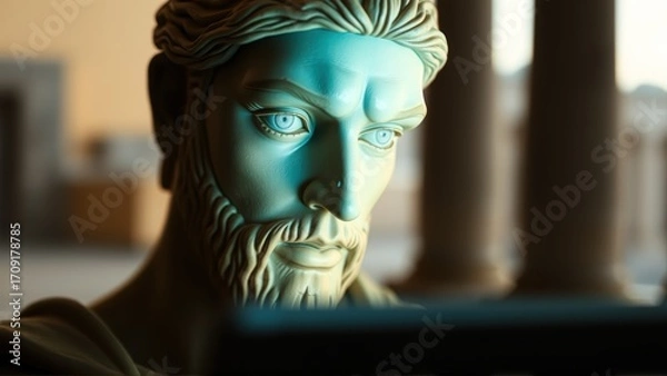 Fototapeta Greek Tech Portrait, Marble Glow Face, Ancient Digital Close-Up, AI Wisdom Gaze, Abstract History