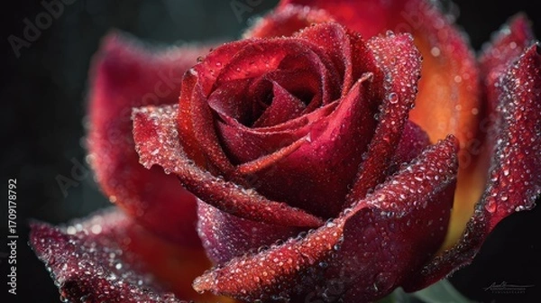 Fototapeta Blooming Red Rose with Dew Drops Macro – Romantic Floral Close-Up