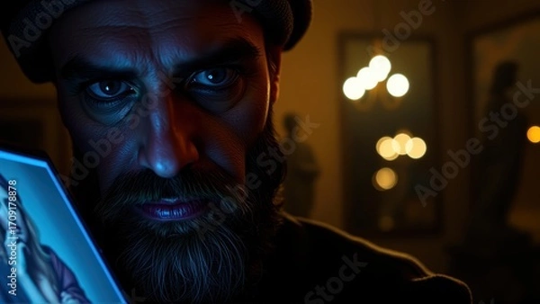 Fototapeta Renaissance Digital Portrait, Tablet Glow Gaze, Classical Modern Close-Up, AI Era Face, Surreal Art Fusion