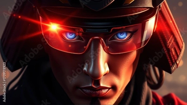 Fototapeta Samurai AR Portrait, Digital Blade Glow, Ancient Tech Face, AI Era Warrior Close-Up, Cyber Fusion