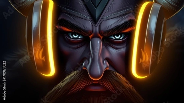 Fototapeta Viking Headphone Portrait, Metal Glow Face, Ancient Modern Close-Up, AI Sound Gaze, Digital Era Fusion