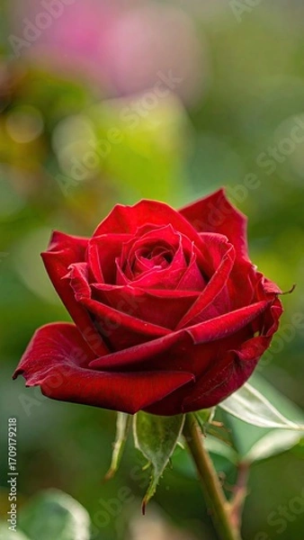 Fototapeta Close-up of a vibrant crimson rose, petals tightly curled, against a soft, out-of-focus background of greenery and muted pinks