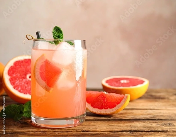 Fototapeta Refreshing grapefruit drink in a glass, garnished with mint