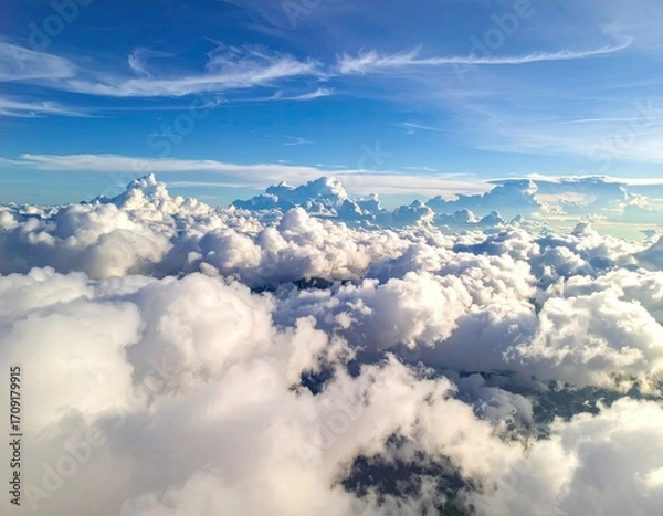 Fototapeta Cloudscape from above.  Vast expanse of puffy white clouds, scattered across a brilliant blue sky.  Sunlight illuminates the scene