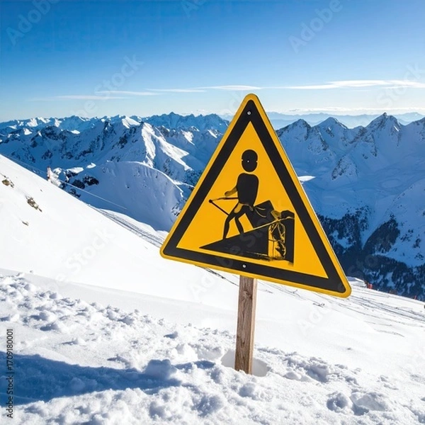 Fototapeta Mountain slope warning sign.  Snowy peak background