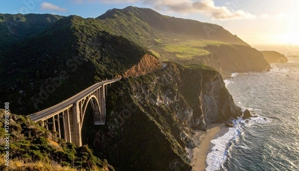 Fototapeta Scenic coastal highway bridge, dramatic cliffs, and ocean view