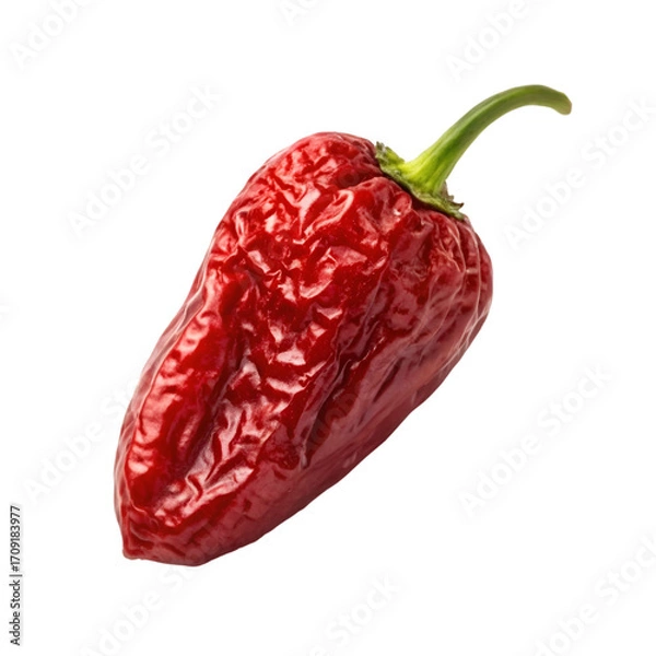 Fototapeta Single dried red chili pepper with a green stem on a white background spicy