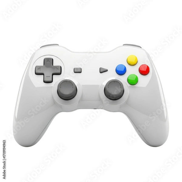 Fototapeta Close-up of a white gaming controller with colored buttons on a black surface transparent background