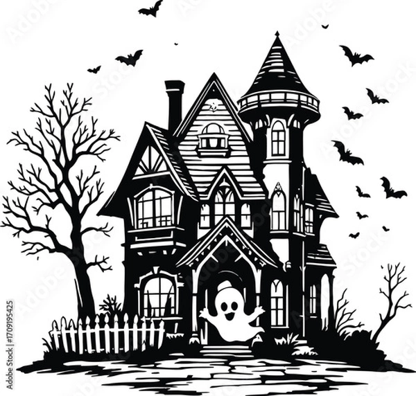 Fototapeta Haunted House Silhouette with Bats and Bare Trees
