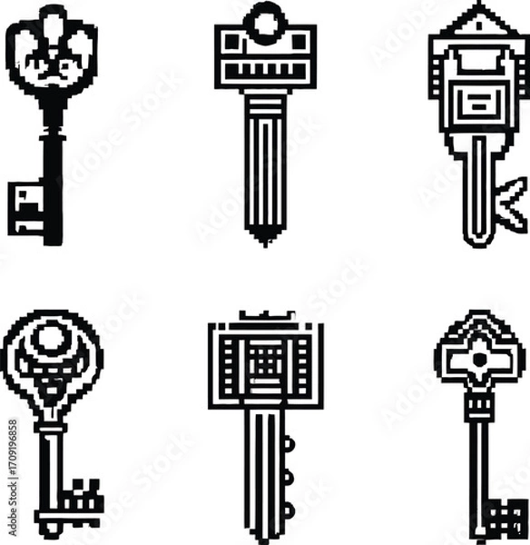 Fototapeta A monochrome vector illustration of a set of vintage-style keys with ornate keychains, featuring intricate patterns and decorative elements
