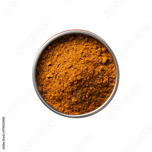 Fototapeta Top View of Orange Spice Powder in a Metal Container on White Background seasoning ingredient