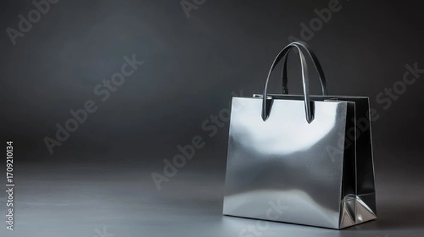 Fototapeta A metallic silver shopping bag reflecting studio lights, dark backdrop, copy space at the bottom, sleek design.