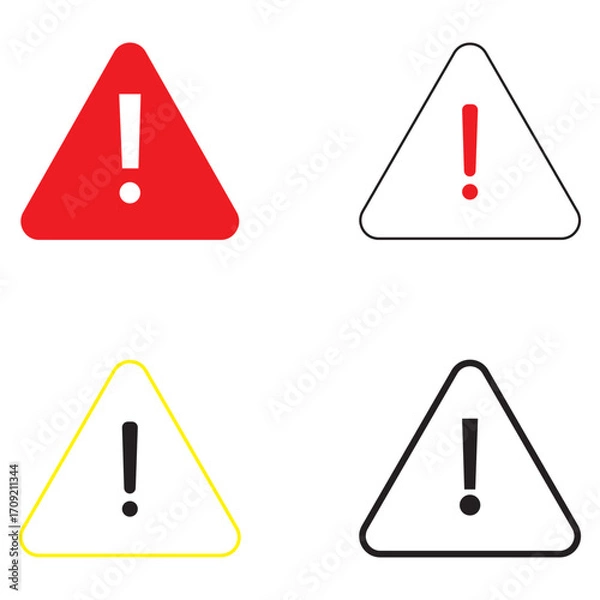 Fototapeta Black exclamation mark in triangle waring icon. Attention vector icon, danger clip art in flat style. Alert, caution, danger, error, shield etc. Safety, hazard communication and preventive measures. 