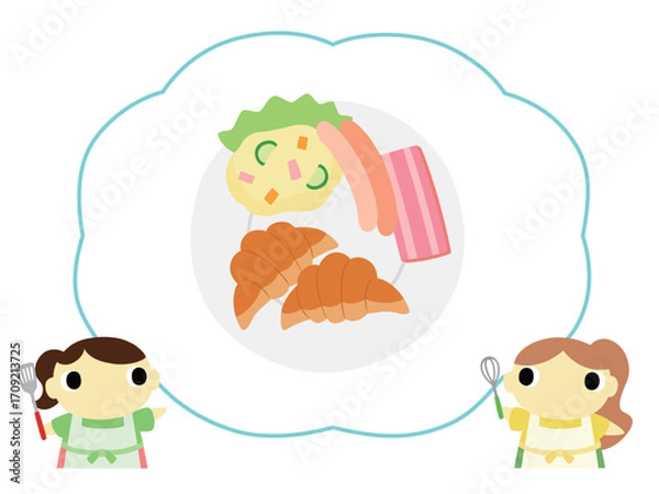 Obraz 朝食メニューを紹介するエプロン姿の女性　クロワッサン