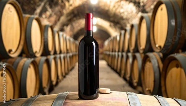 Obraz Red wine bottle in wine cellar