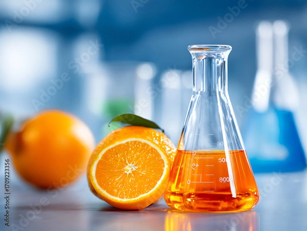 Fototapeta Bright Orange Liquid in a Laboratory Flask Next to a Fresh Orange With Blurred Flasks in the Background