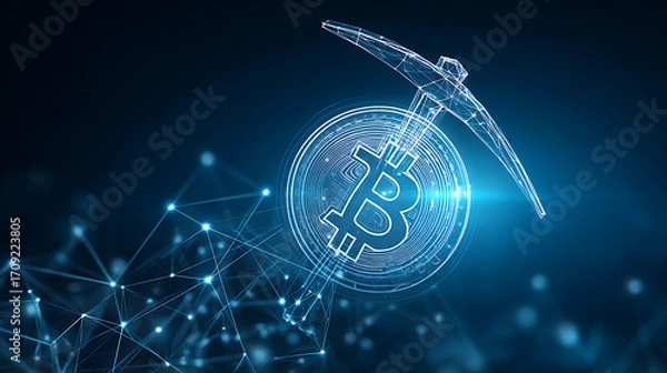 Fototapeta Bitcoin Mining Concept With Digital Pickaxe and Blockchain Background Showcasing Cryptocurrency Technology Advancements