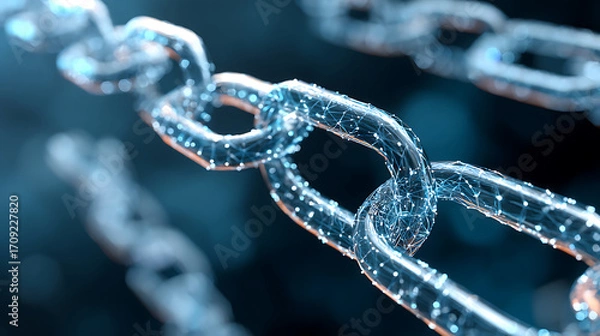 Fototapeta Concept of Digital Links and Blockchain Technology Represented by a Glowing Chain in a Virtual Environment