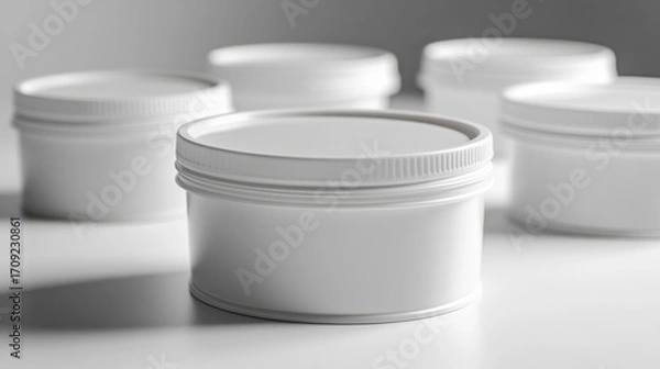 Fototapeta Clean white cosmetic jars arranged elegantly for product branding or packaging mockups showcasing minimalist design