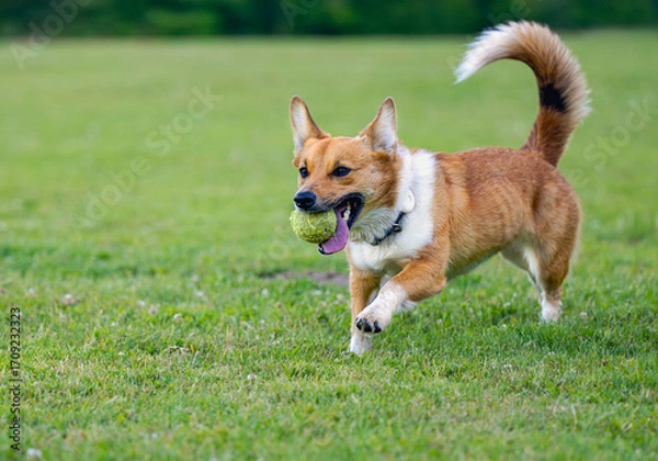 Fototapeta 2024-12-31 A CATTLE DOG CORGI MIX RUNNING ACROSS A NICE GREEN LAWN WITH A GREEN BALL IN ITS MOUTH ON MERCER ISLAND WASHINGTON 