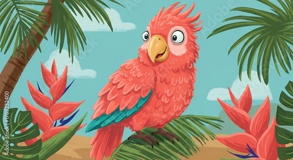 Obraz Pink parrot in tropical setting