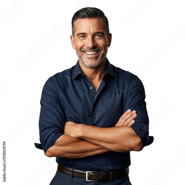 Fototapeta Confident man smiling with arms crossed wearing a dark shirt and belt