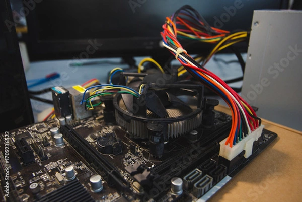 Fototapeta Dirty Inside Computer with Dust on Components