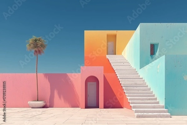 Fototapeta Pastel colored wall with minimal shadow and staircase