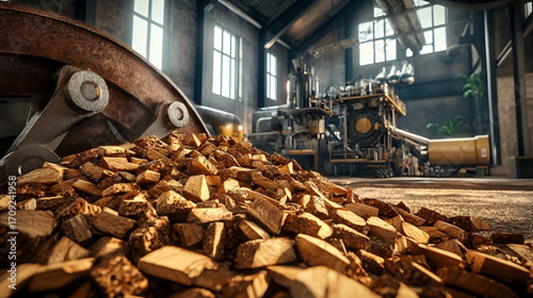 Obraz Photorealistic image of biomass power plant featuring pile of wood logs, machinery, and sunlight streaming through large windows, creating warm