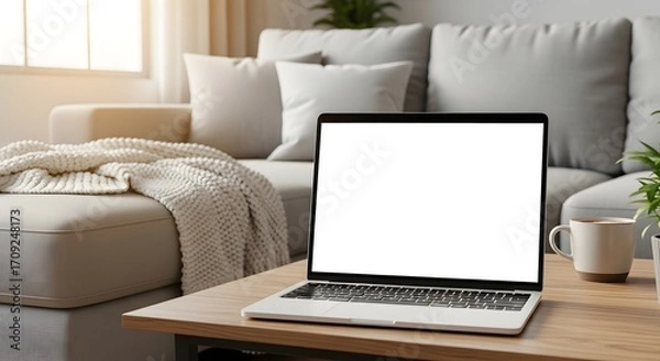 Fototapeta A laptop with a blank white screen on a wooden coffee table, serving as a mockup for a remote work or home office concept in a cozy living room