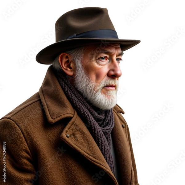 Fototapeta Wisdom in reflection mature man in fedora urban setting portrait photography contemplative mood