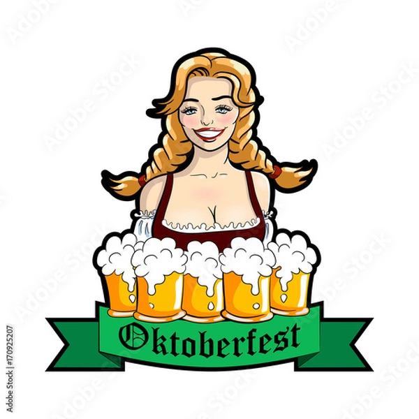 Obraz Vector illustration of waitress with mugs of beer. Oktoberfest logo, sticker. Vector isolated illustration on a white.