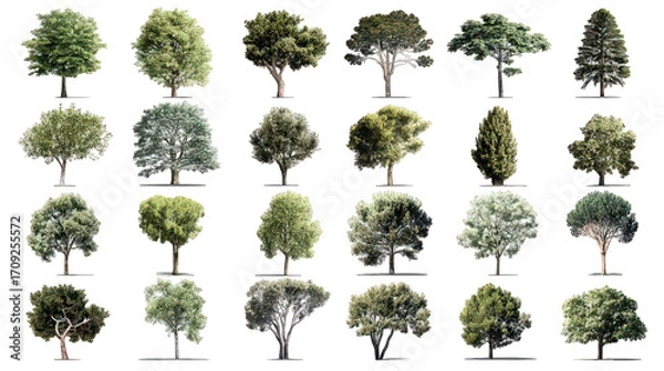Obraz Collection Of Diverse Green Trees Against Black Background