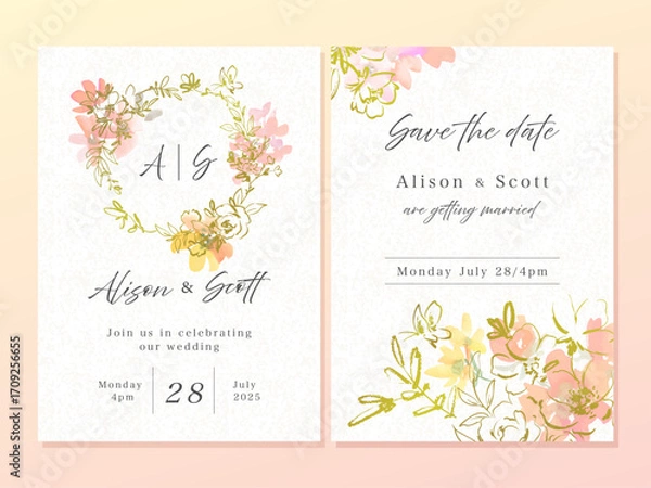 Fototapeta Wedding invitation card design set with minimal botanical line art and abstract  wild flowers painted in watercolor. Hand drawn card template set with elegant flowers.