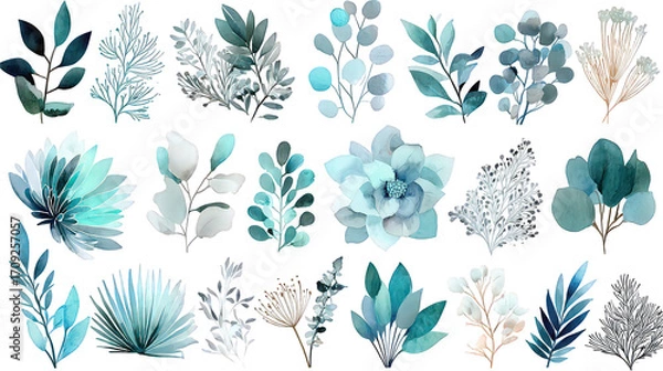 Obraz Collection Of Teal Blue Watercolor Botanical Elements