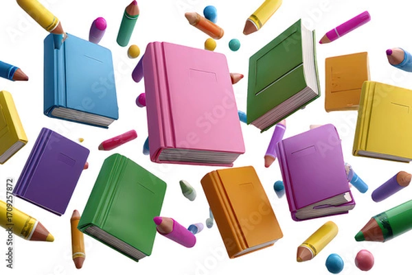 Obraz Colorful Books And Pencils Floating In The Air