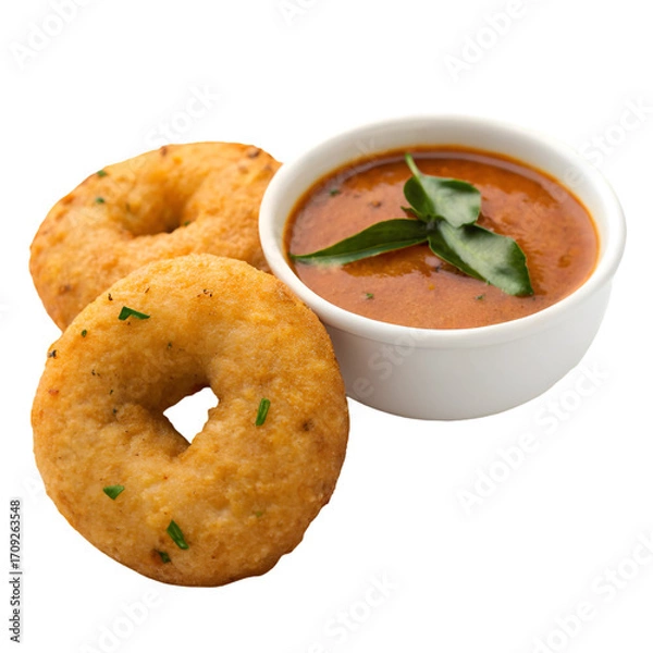 Obraz Two golden fried ring shaped vadas with bowl of sambar and curry leaves indian food fried food