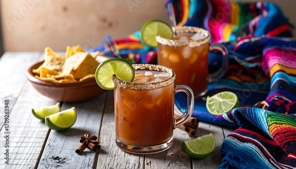 Obraz Refreshing drinks, chips, and a colorful tablecloth