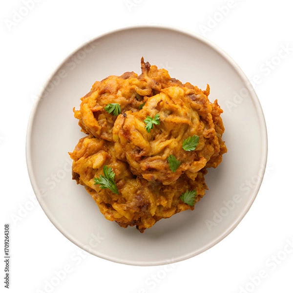 Obraz Two Golden Onion Bhajis with Parsley Garnish on White Plate pakora fritter
